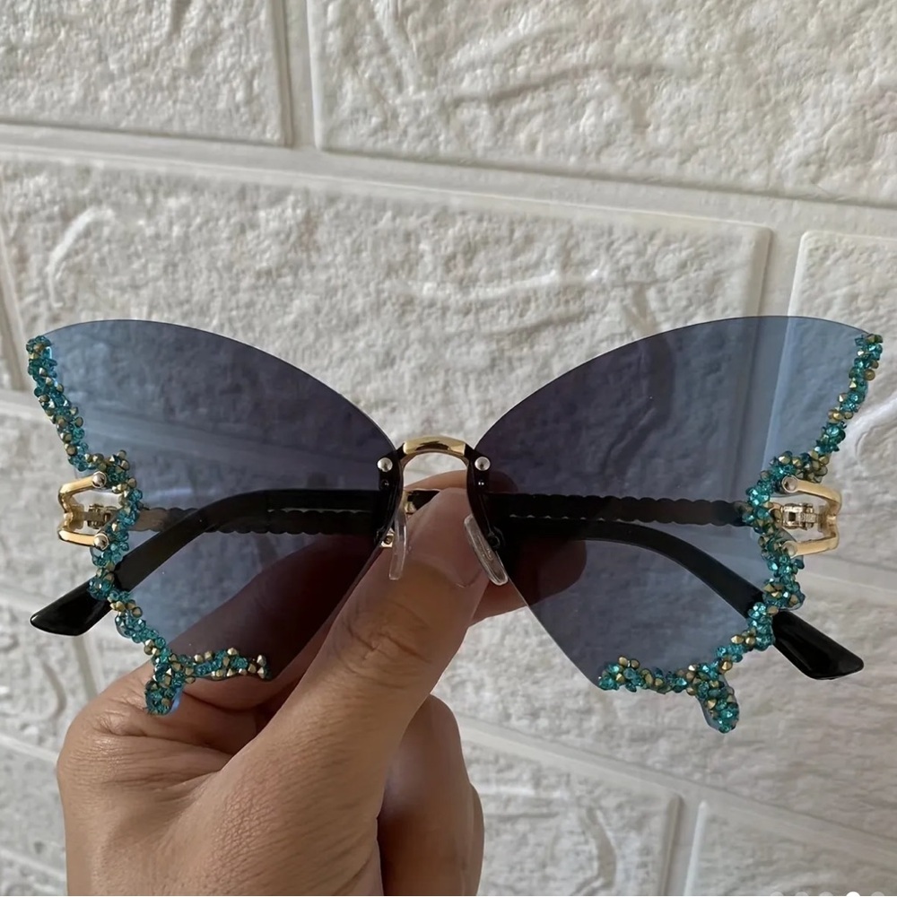 Butterfly Rhinestone Fashion Glasses with Blue and Gold Accents